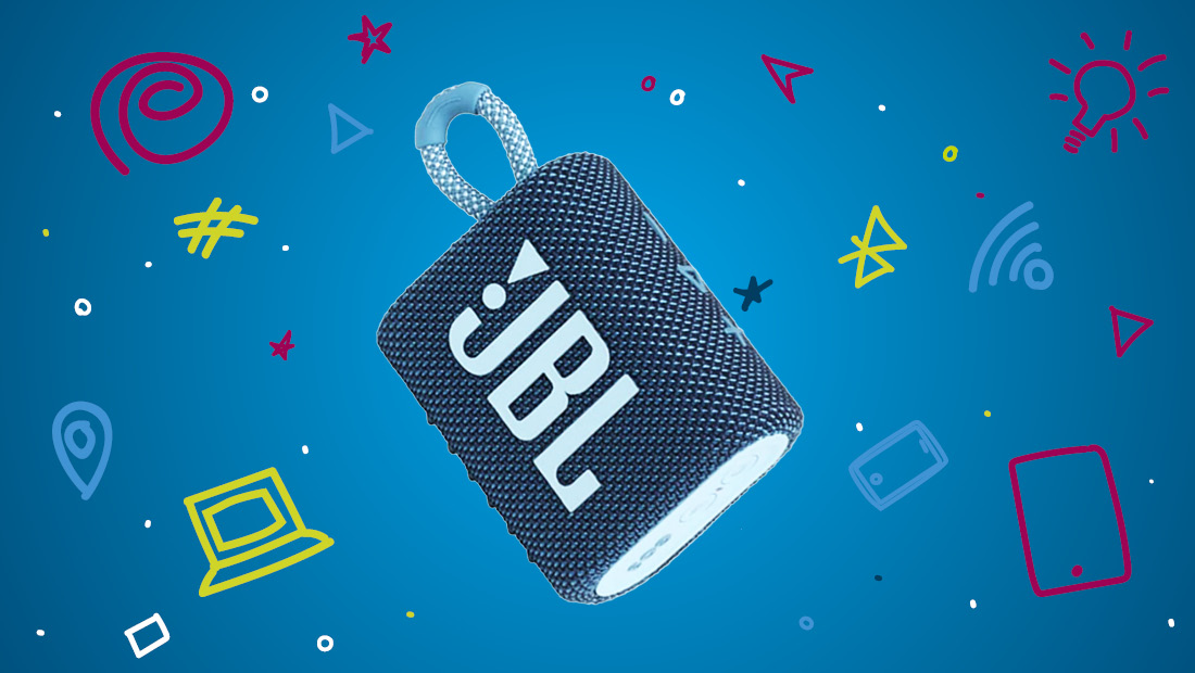jbl speaker in front of blue background with symbols