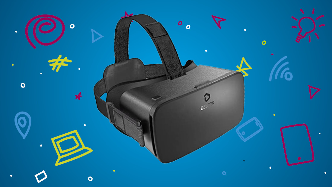 virtual reality glasses in front of blue background with symbols