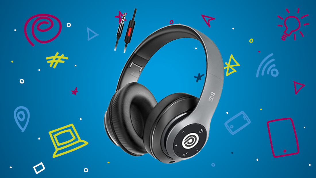 headset in front of blue background with symbols