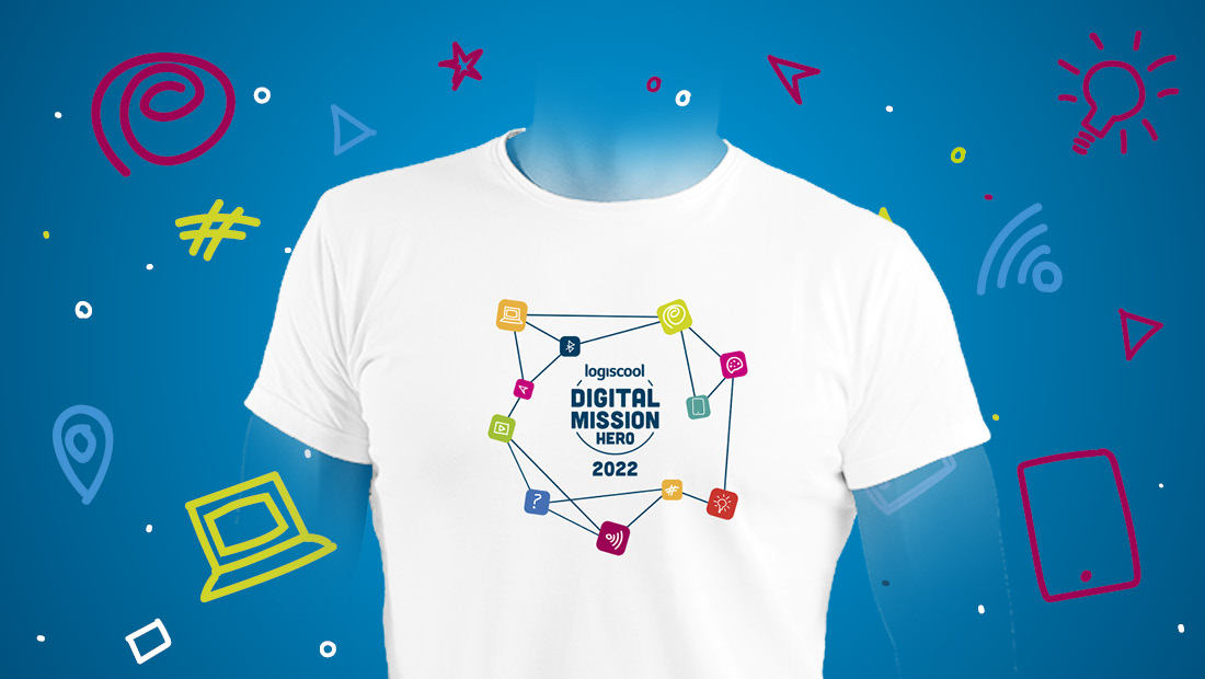 digital mission t-shirt in front of blue background with symbols