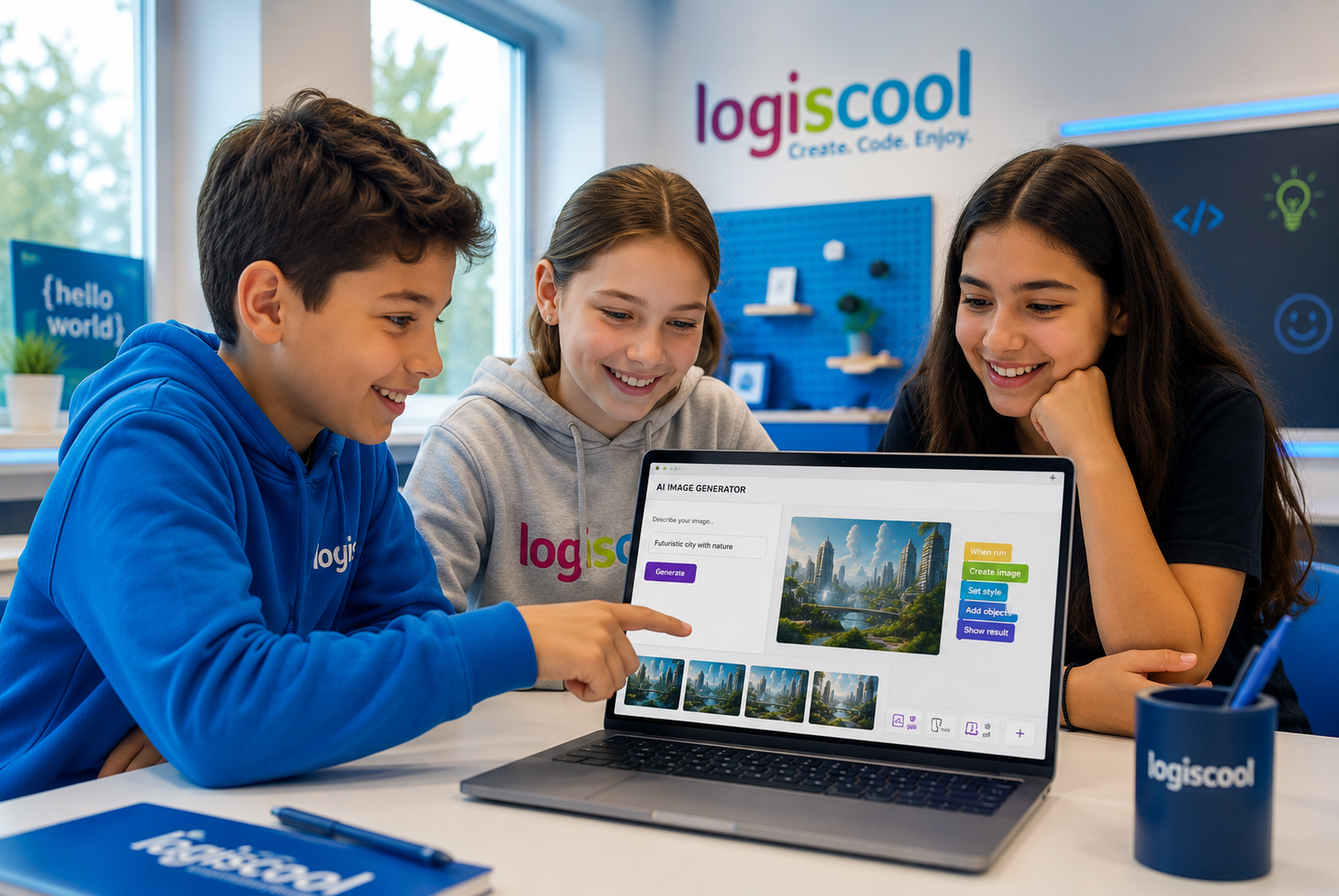 Niños aprendiendo programación, inteligencia artificial y competencias digitales en Logiscool.