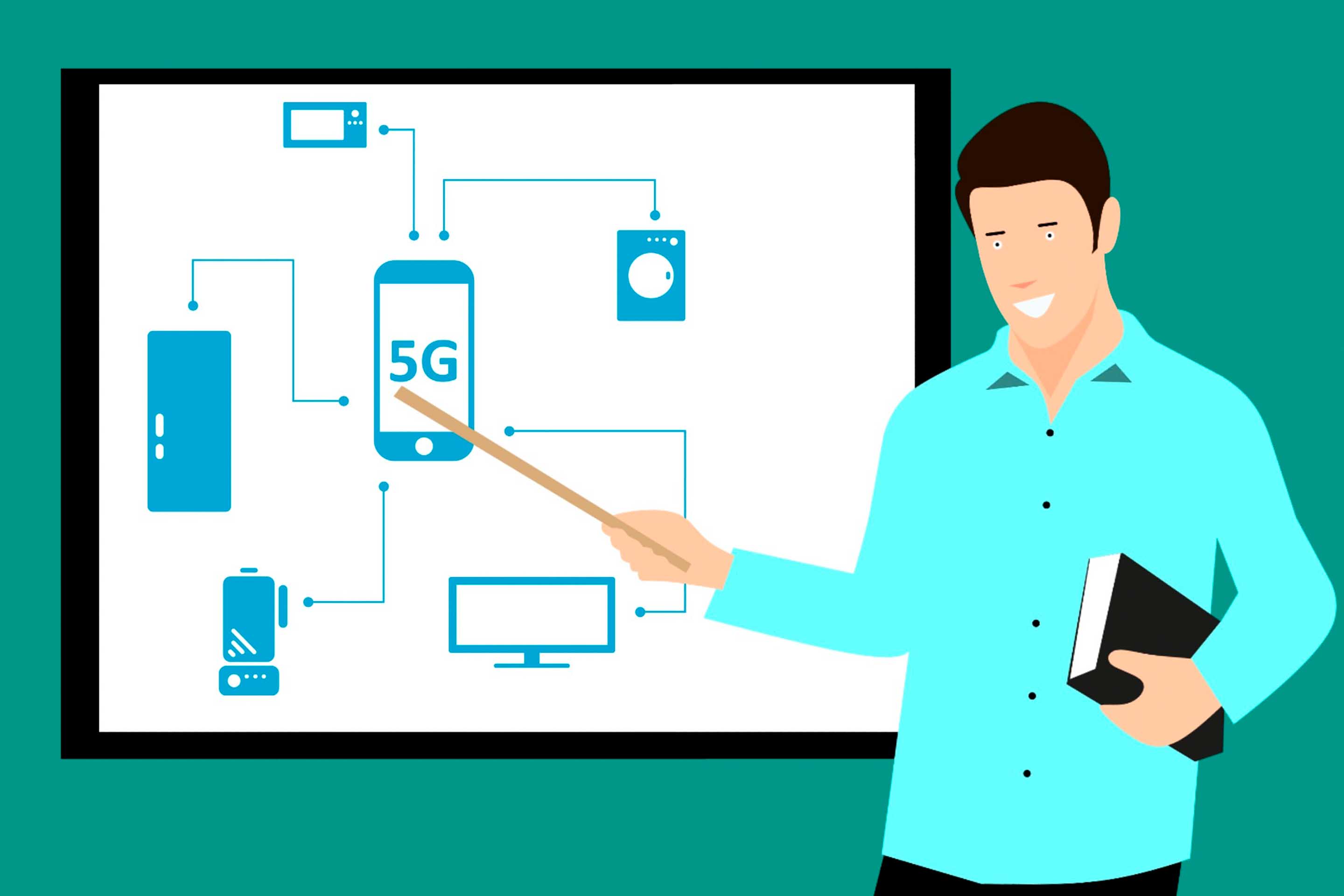 drawing man in blue shirt pointing at a board with blue mobile icon