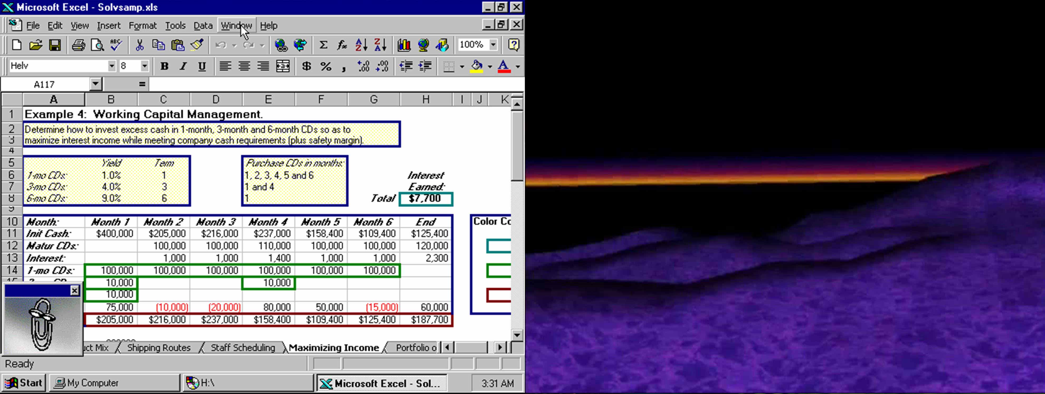 Excel 97-Bildschirm neben dem violetten Bildschirm